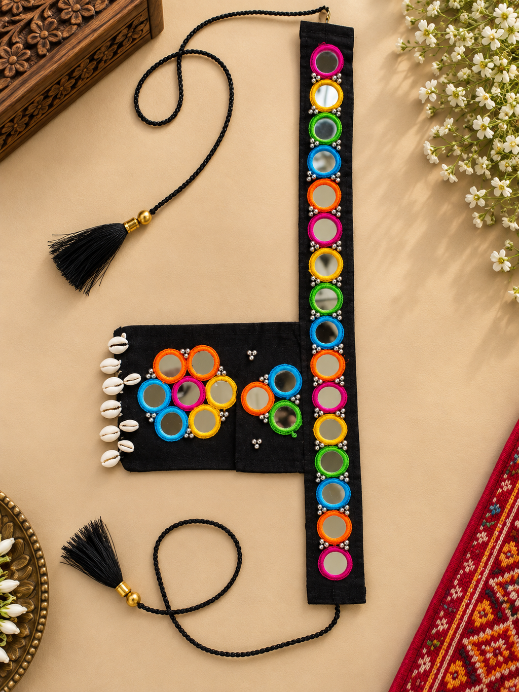 Black Mirrored Kamarband with Mobile Pouch