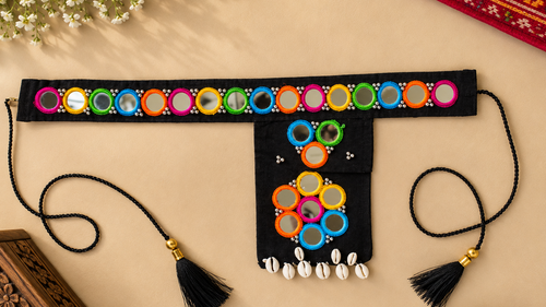 Black Mirrored Kamarband with Mobile Pouch
